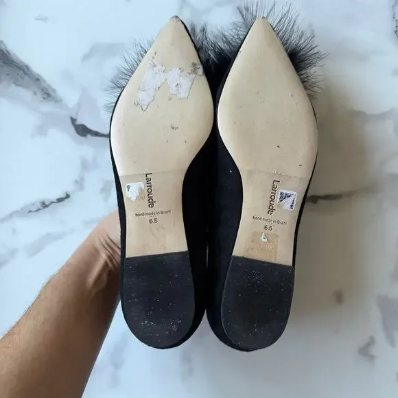 Larroude Lee Black Suede Pom Pom Flats Size 6.5 - Picture 7 of 8